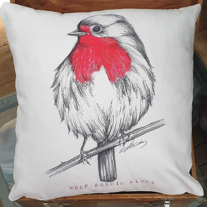 Robin cushion by Sarah Rowley @roanaokeart